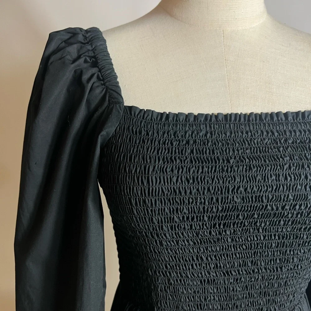 J CREW Smocked Puff Sleeve Black Cotton Poplin Midi Dress Womens Small - Picture 9 of 10